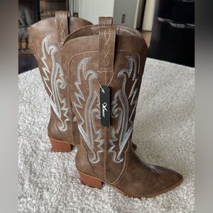 Athlefit Women's Pointed Toe Embroidery Western Mid Calf Cowboy Boots Brown 7
